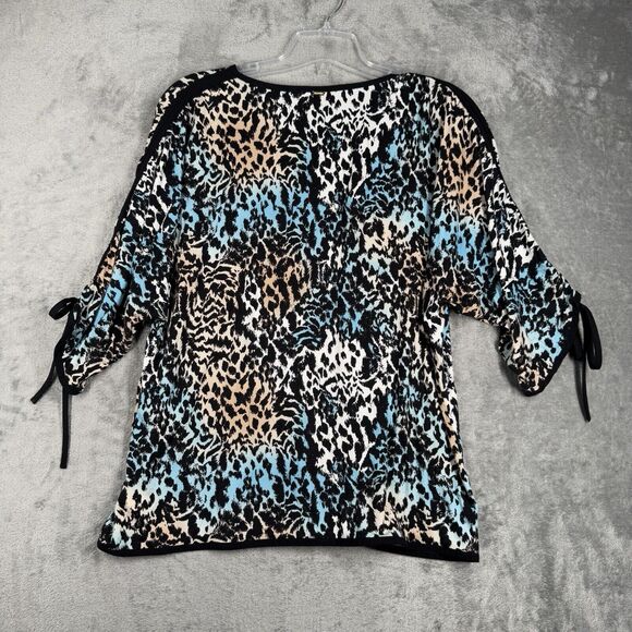 St John Shirt Womens Large Black Blue Leopard Cheetah Abstract Animal Print Bold - Picture 3 of 10